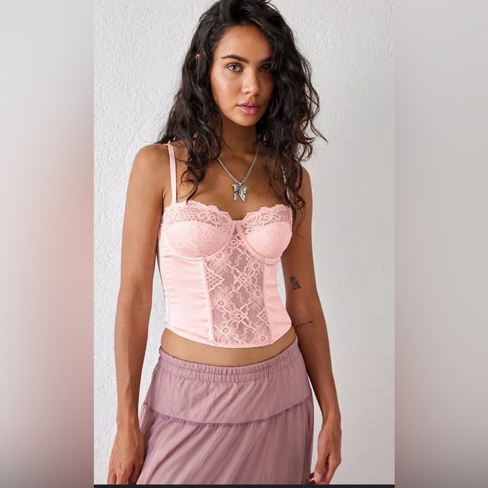 Urban Outfitters UO Ava Satin Lace & Corset Top Light Pink